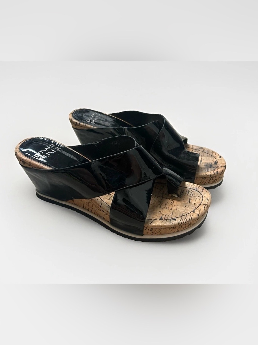 Donald J Pliner Patent Leather Wedge Platform Sandals Black Cork Women 10M Gemmy